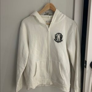 White Zip-Up Hoodie with Wednesday Nevermore Logo